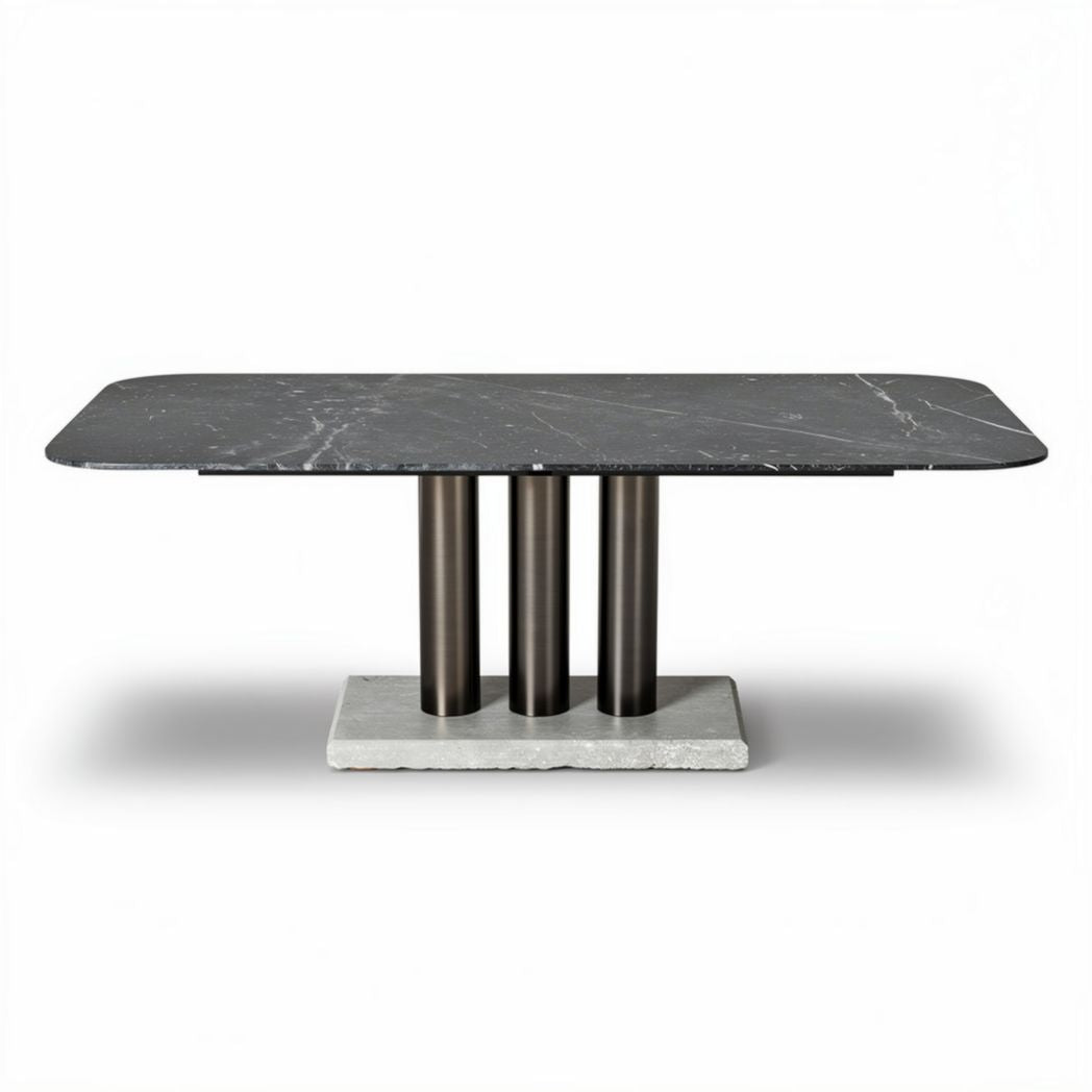 Eettafel van marmer met metalen poten in zwart en beton 200 x 100 x 75cm