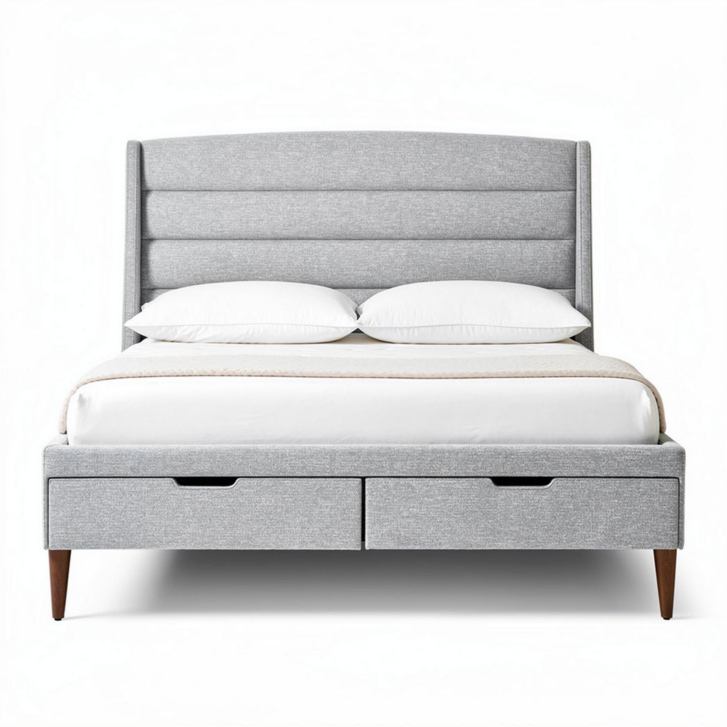 Grijs stoffen bed met opberglades en hoofdeinde 200 x 160 x 100cm