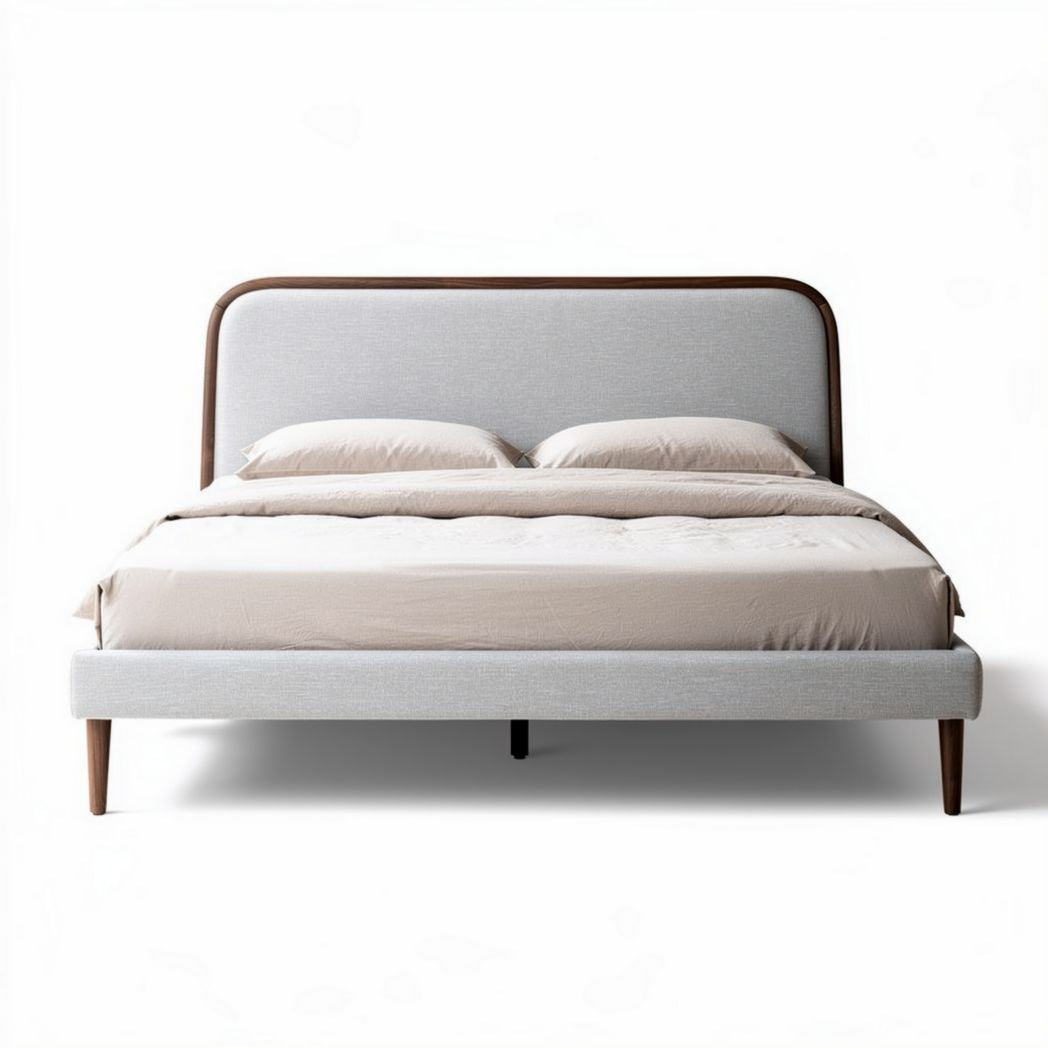 Bed met stoffering in lichtgrijs en houten poten afmetingen 200 x 160 x 100cm