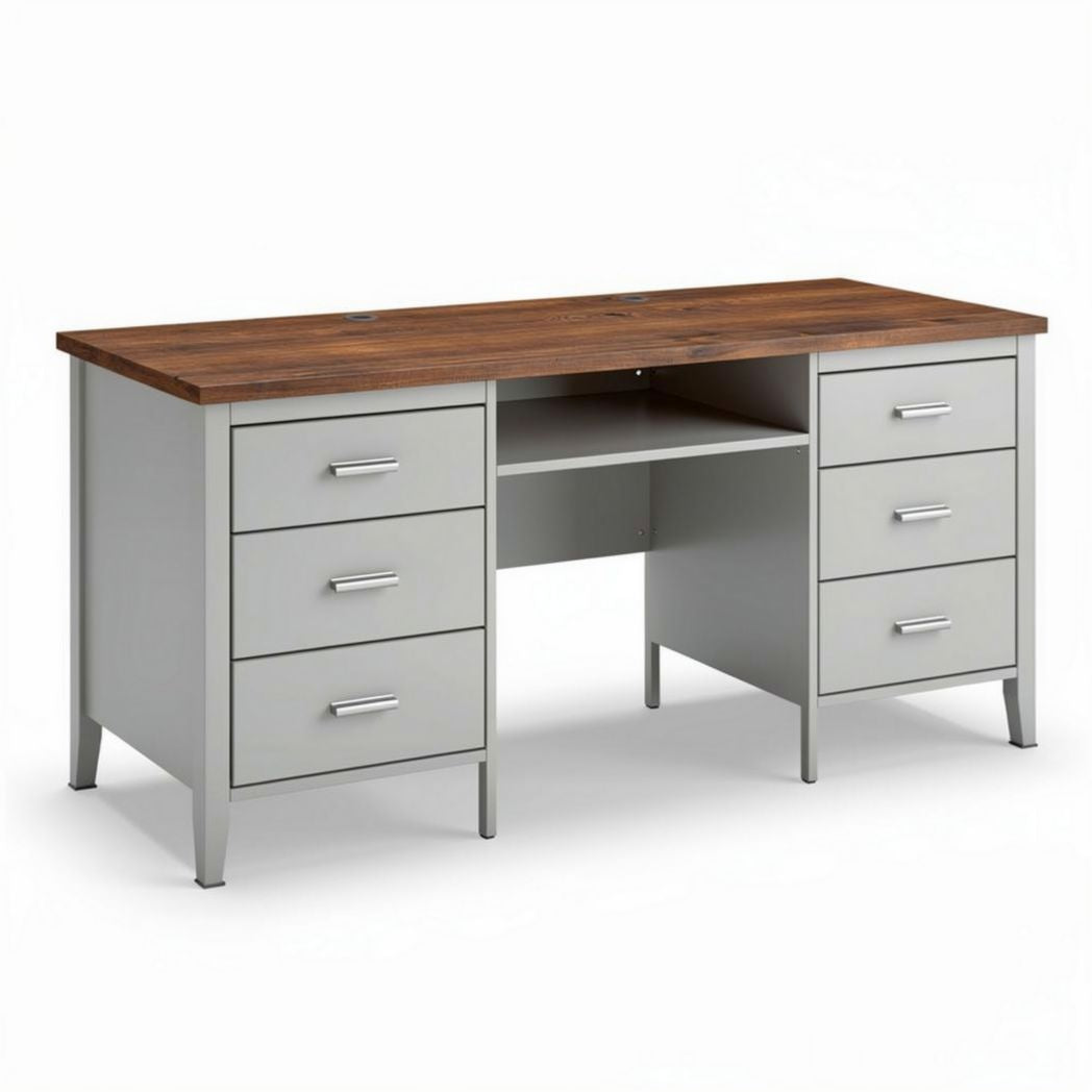 bureau met houten blad en metalen poten 150 x 70 x 75cm grijs en bruin