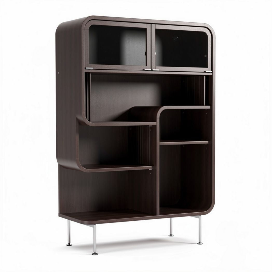 Houten boekenkast met opbergrekken en glazen deuren 80 x 40 x 130cm