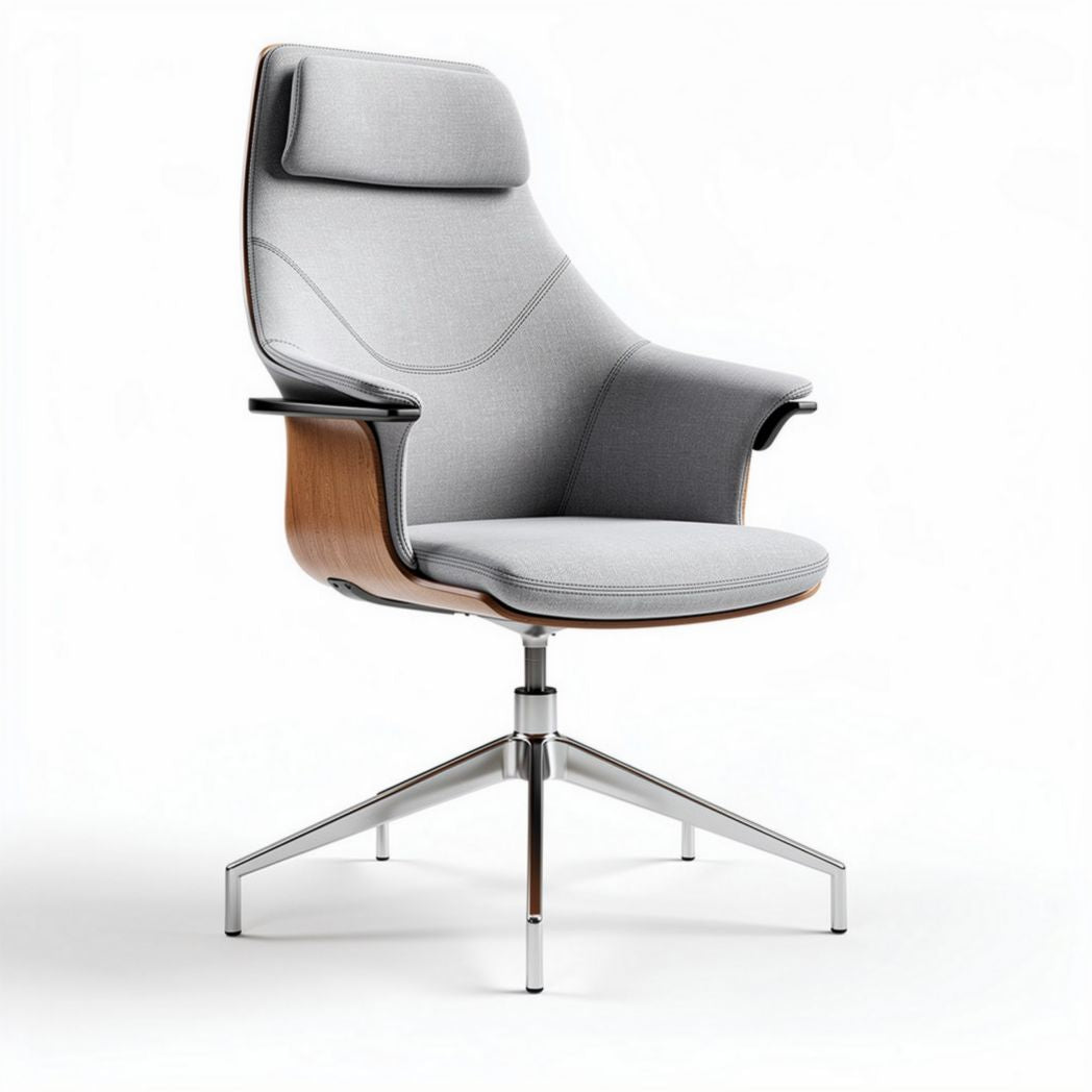 Beige design bureaustoel met houten armleuningen en verstelbare rugleuning