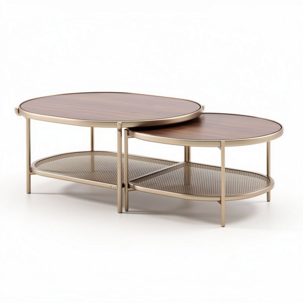 Salontafel set van twee met metalen frame en houten bladen 100 x 60 x 45cm