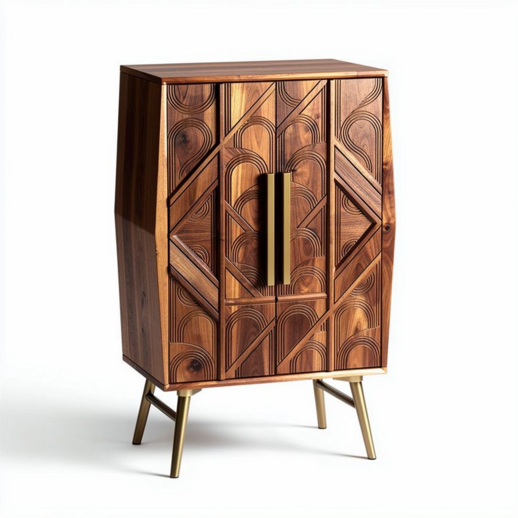 Houten opbergkast met geometrisch patroon en metalen handgreep 90 x 45 x 120cm