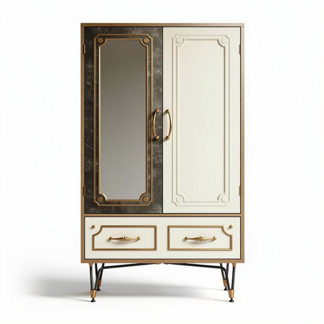 Kast met spiegel en lades in crème en zwart afwerking 90 x 50 x 150cm