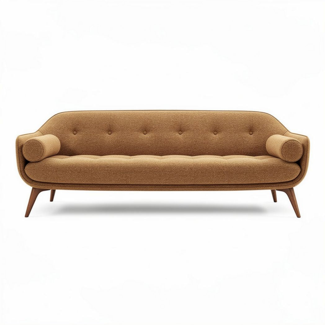 Sofa van bruin stof met kussens en houten poten 200 x 90 x 85cm
